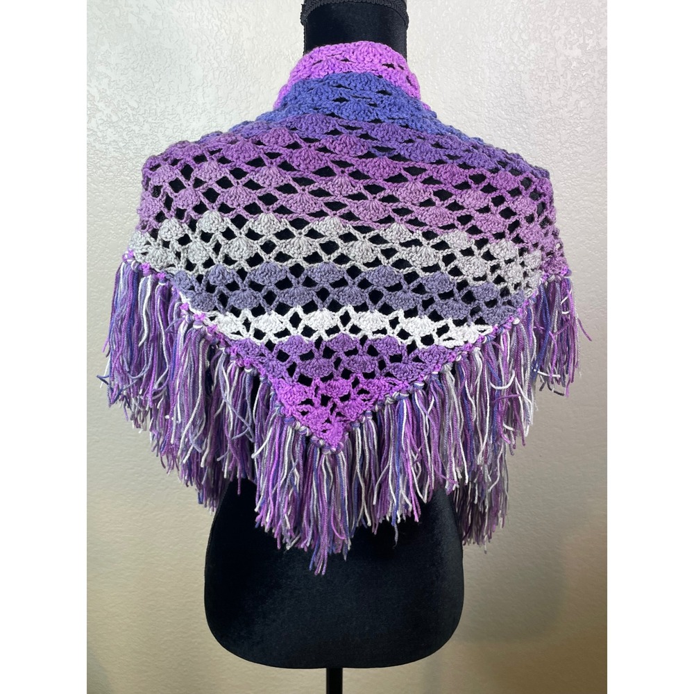 Womens Handmade Free Size Crochet Shawl Purple Multi Fringe Boho Wrap Layer